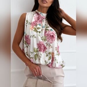 Floral Sleeveless Top - White and Pink